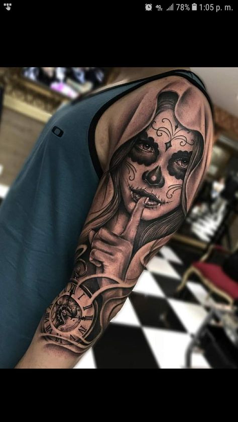 Day Of The Dead Tattoo Designs, Day Of The Dead Tattoos, Day Of Dead Tattoo, Chicano Tattoos Sleeve, Catrina Tattoo, Skull Girl Tattoo, Girl Face Tattoo, Skull Sleeve Tattoos, Skull Sleeve