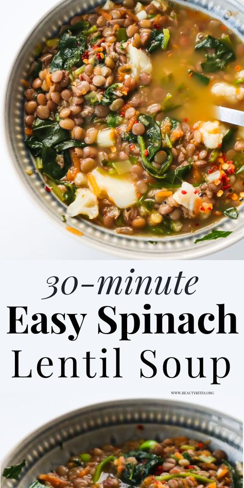 Lentil Spinach Soup - Beauty Bites Lentil Spinach Soup, Spinach Lentil Soup, Lentil Spinach, Inflammation Diet Recipes, Recipes Spinach, Recipes Veggie, Spinach Soup Recipe, Plant Based Soups, Clean Eating Lunch