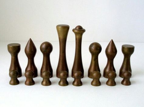 Vintage Solid Bronze and Aluminum Modernist Chess Set 4" Tall Mid Century Estate Find. King and Queen are 1" diameter x 4" tall. Each piece has the open screw hole in its base which shows that they were turned on a lathe Diy Chess Set, Chess Strategies, Chess Boards, Chess Set Unique, Wood Chess Set, Wooden Chess Pieces, Wood Games, Wood Chess, Chess Sets