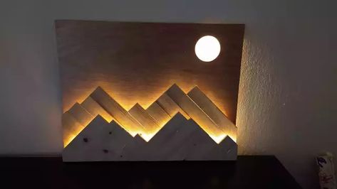 Mountain Wood Art, Mountain Wood Wall Art, Led Wall Art, Wood Wall Art Diy, Trendy Wall Decor, Wood Art Projects, Wood Shop Projects, Mountain Wall, Wall Decor Ideas