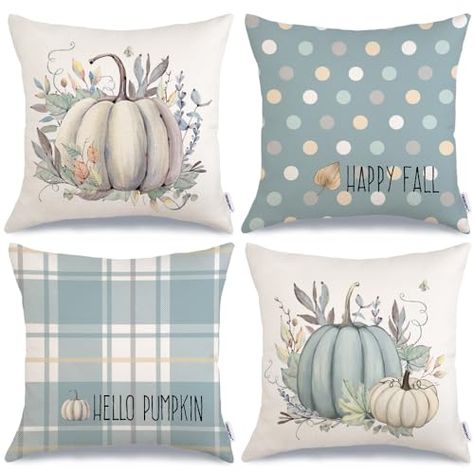 GEEORY Fall Pillow Covers 18 x 18 Inch Set of 4, Striped Buffalo Plaid Polka Dots Pumpkins Leaves Decorative Farmhouse Throw Cushion Cases Indoor Decoration Home Decor for Sofa Couch (Blue) G387-18 Farmhouse Throws, Polka Dot Pumpkin, Fall Pillow, Blue Couches, Cozy Fall Decor, Fall Pillow Cover, Blue Pillow Covers, Pumpkin Pillows, Indoor Decoration