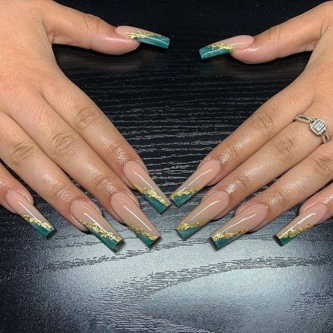 Green N Gold Nails, Green Nude Nails, Emerald Nails, Gold Acrylic Nails, Nail Station, Green Acrylic Nails, Salon Nails, Tapered Square Nails, Drip Nails