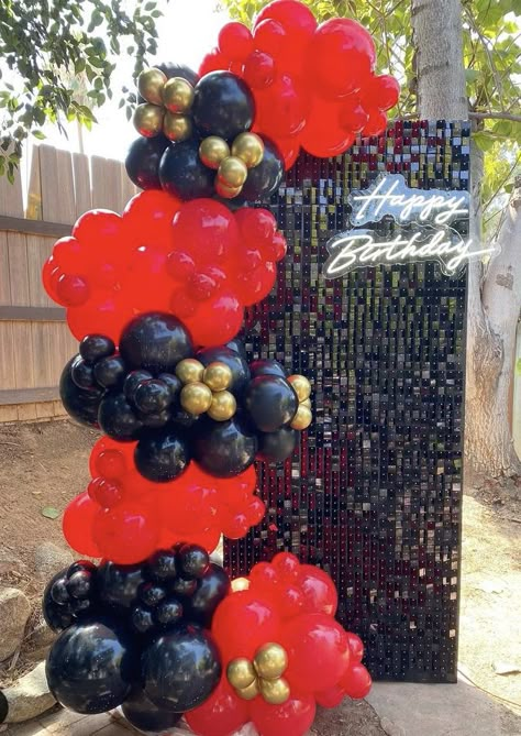 Red And Black Birthday Backdrop, Red And Black Balloons Birthday Ideas, Black And Red Birthday Theme Decoration, Black And Red Balloon Garland, Red Party Backdrop, 40th Birthday Celebration Ideas, Dia De Los Muertos Party Ideas, Red Birthday Party, Sweet Sixteen Birthday Party Ideas