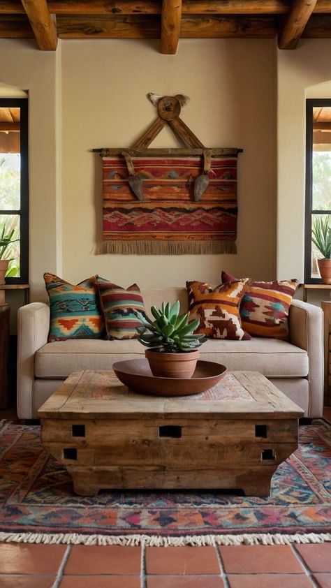 Boho Southwestern Living Room, Southwestern Style Living Room, Southwest Mid Century Modern, Ambient Lighting Ideas, Layering Decor, Southwest Interior Design, Country Couches, Southwest Interior, Cozy Entryway