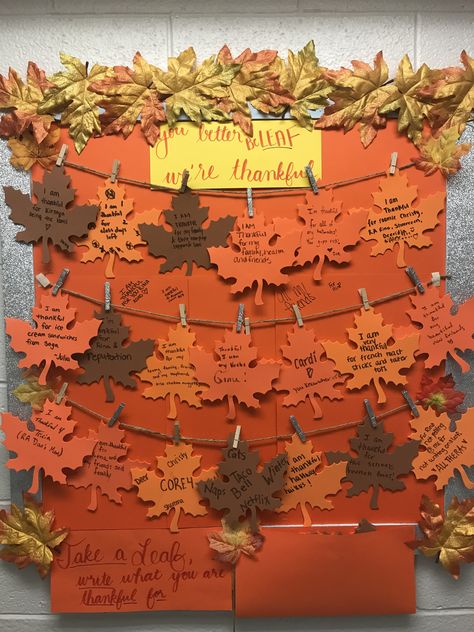 Decorating Bulletin Boards For Office, School Fall Bulletin Board Ideas, Thankful Wall Classroom, Thanksgiving Diy Backdrop, Friendsgiving Bulletin Board, Fall Breakroom Decor, Fall School Decorating Ideas, September Office Decor, Bulletin Board Boarders Idea