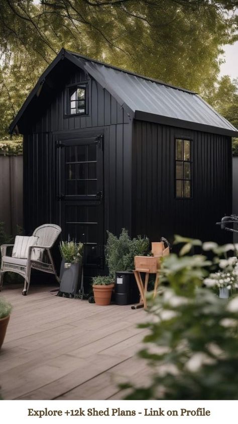 Click the Link in my Bio to access the Teds Woodworking plans now and build AMAZING sheds like these!!! Black Garden Shed Ideas, Shed Cottage Ideas, Black Shed Ideas, Shed Renovation Ideas, Shed Ideas Backyard, Shed Renovation, Black Backyard, Backyard Shed Ideas, Cabin Rustic Decor