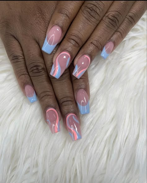 Light Blue And Light Pink Nails, Light Blue Formal Nails, Light Pink And Light Blue Nails, Blue And Pink Christmas Nails, Light Blue French Tip Nails Coffin, Pink And Blue French Tips, Blue French Tips With Design, Pink And Blue French Tip Nails, Baby Blue And Pink Nails