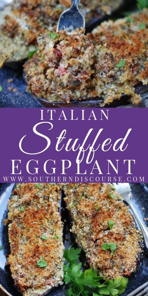 Baked Eggplant With Savory Meat Filling, Stuffed Eggplant With Ground Beef, Sausage Stuffed Eggplant Recipes, Sausage Stuffed Eggplant, Eggplant Stuffed With Meat, Beef And Eggplant Recipes, Eggplant And Rice Recipes, Stuffed Eggplant Recipes Meat, Eggplant Stuffing