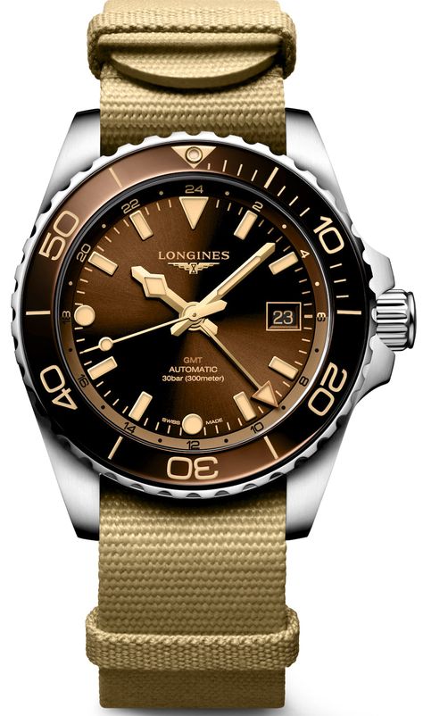 Longines Watch HydroConquest GMT Brown L3.790.4.66.2 Watch | Jura Watches Longines Hydroconquest, Swiss Watch Brands, Diving Watch, Longines Watch, Green Watch, Green Cases, Swiss Watch, Nato Strap, Dive Watches