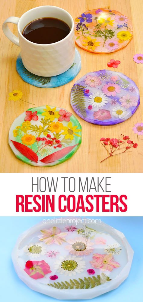 Resin Coasters | How to Make a Resin Coaster Easy Small Resin Projects, Easy Resin Coasters, Resin Flower Coasters Diy, How To Make Resin Coasters Tutorials, Resin Crafts Tutorial Coasters, How To Make Epoxy Coasters, Pressed Flower Coasters Diy, Simple Resin Art Ideas, Resin Cricut Crafts