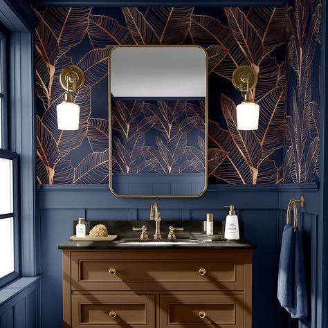 Dark Blue Banana Leaves Wallpaper CC318 – CostaCover Half Bathroom Wallpaper, Banana Leaves Wallpaper, Banana Leaf Wallpaper, Blue Banana, Leaves Wallpaper, How To Install Wallpaper, Removable Wall Murals, Banana Leaves, Blue Bathroom