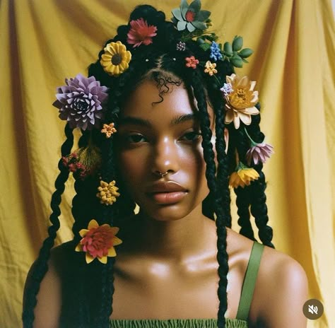 Flower Hair Editorial, Black Women With Flowers In Hair, Braids With Flowers Black Women, Flower In Hair Black Women, Black Women Flowers, Afro With Flowers, Flower Photoshoot Black Women, Hair Editorial Photography, Floral Photoshoot Ideas