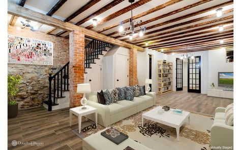 Charismatic Crown Heights brownstone with exposed beams, brick, asks $1.45M - Curbed NY Exposed Brick Nyc Apartment, Exposed Brick Living Room, Brooklyn Heights Brownstone, Brick Living Room, Apartment Floor Plan, Crown Heights, Condo Decorating, Exposed Beams, Exposed Brick