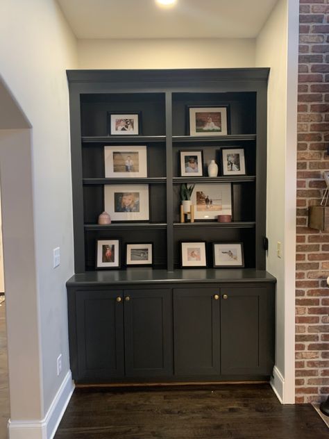 Iron Ore Bookcase, Iron Ore Bookshelves, Built In Bookshelf Makeover, Iron Ore Built Ins, Sherwin Williams Iron Ore, Built In Bookshelf, Iron Ore Sherwin Williams, Bookshelf Makeover, Basement Bedroom