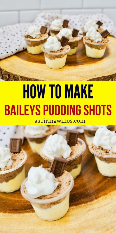 Baileys Pudding Shots, Baileys Pudding, Desserts In Shot Glasses, Vanilla Pudding Shots, Shot Glass Desserts Recipes, Chocolate Pudding Shots, Pudding Shot Recipes, Baileys Dessert, Shots Alcohol Recipes