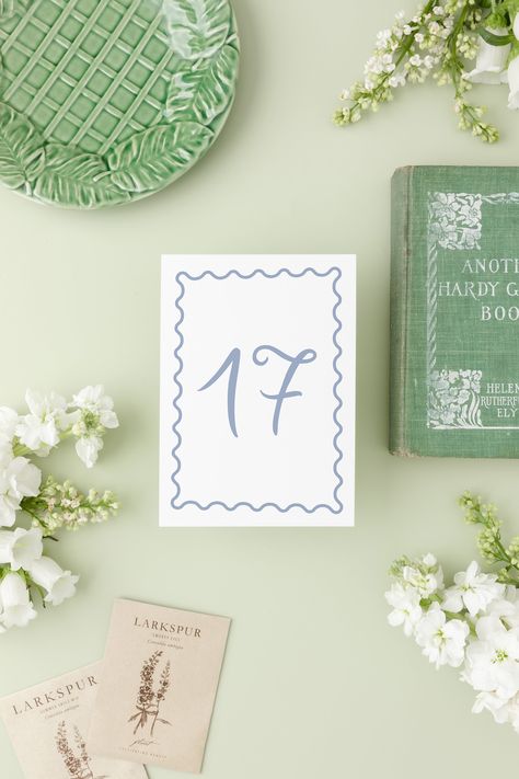 Printed Dusty Blue Table Numbers | Whimsical Wedding Table Decor, 5 x 7 Handdrawn Table Cards. Table Number Cards With A Wavy Border by bookstoreowner on Etsy Modern Wedding Table Numbers, Whimsical Wedding Table, Blue Table Numbers, Unique Table Numbers Wedding, Quirky Table, Unique Table Numbers, Watercolor Table Numbers, Cards Table, Wedding Table Number Cards