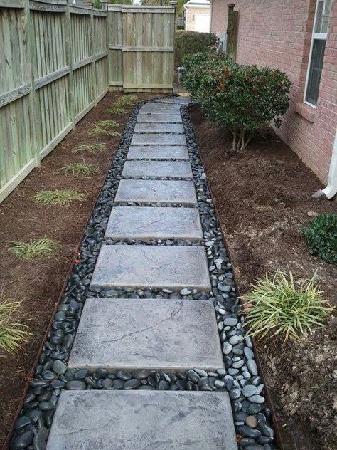 good solution for problem area: river rock and pavers                                                                                                                                                      More Front Yard Walkway, Small Yard Landscaping, Walkway Landscaping, River Rock Landscaping, Pathway Landscaping, Side Yards, Drought Tolerant Landscape, Garden Stepping Stones, Garden Walkway