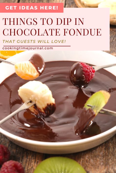 Looking for things to dip in chocolate fondue? These awesome ideas are sure to be loved by guests! #chocolatefondue #chocolatefonduedippers #thingstodipinchocolatefondue What To Dip In Chocolate, Fondue Dippers Ideas, Chocolate Fondue Recipe Crockpot, Things To Dip In Chocolate, Chocolate Fondue Dippers, Chocolate Fondue Bar, Easy Chocolate Fondue Recipe, Fondue Dippers, Easy Fondue