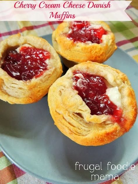 Cherry Cream Cheese Danish Muffins via thefrugalfoodiemama.com #refrigeratedbiscuits Cherry Cream Cheese Muffins, Jumbo Recipes, Cherry Cream Cheese Danish, Festive Breakfast, Cherry Cream Cheese, Homemade Biscuit, Bridesmaid Brunch, Butter Biscuits, Cherry Preserves