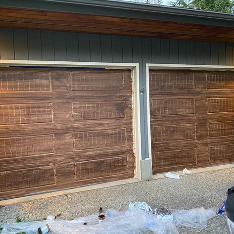 The Viral Garage Door Makeover for less Than $100 Redo Garage, Minwax Gel Stain, Metal Garage Doors, Garage Door Paint, Garage Door Hardware, Clean Garage, Door Paint, Metal Garage, Wood Garage Doors