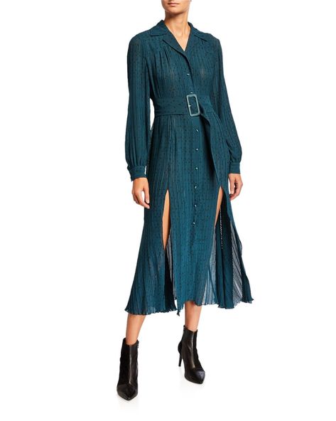 Rotate Birger Christensen Number 10 Belted Dot-Print Long-Sleeve Dress Fashion Week Dresses, Rotate Birger Christensen, Birger Christensen, Number 10, Column Dress, Long Sleeve Print Dress, Bergdorf Goodman, Dot Print, Thigh Highs