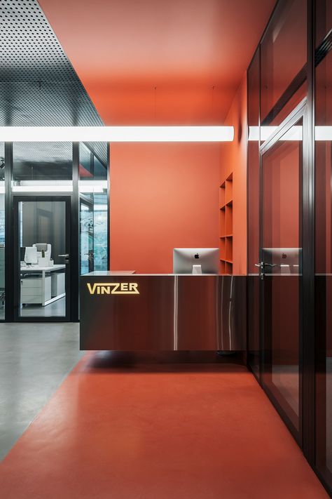 VINZER office :: Behance Yodezeen Architects, Orange Office, Office Reception Design, Interior Design Pictures, Lobby Reception, Photography Interior, Office Space Design, Stylish Apartment, Architectural Interior