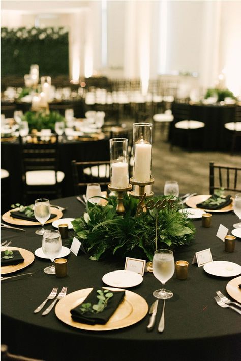 Black Green Gold Wedding Bridesmaid Dresses, Chic Moody Wedding, Wild Greenery Wedding, Black White Green Gold Table Setting, Diy Black Backdrop Ideas, Black Gold And Green Centerpiece, Gold Centerpieces Wedding Table Decor, Emerald And Black Centerpieces, Green Black And Gold Wedding Decor