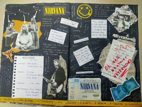 Nirvana Scrapbook, Music Scrapbook Ideas, Music Journal Pages, Concert Scrapbook Ideas, Concert Journal, Songwriting Journal, Grunge Scrapbook, Ideas For Sketchbook, Nirvana Music