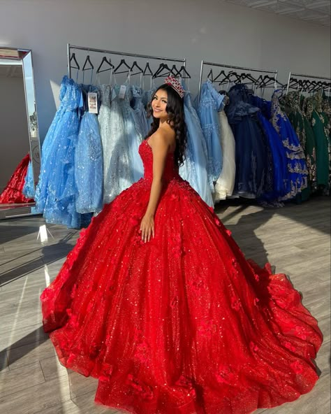 Ruby Quinceanera Dresses, Red Dresses Sweet 16, Red Dresses Quinceanera, Light Red Quinceanera Dresses, Ruby Red Quinceanera Dresses, Red Quencinera Dresses, Red Sparkly Quince Dress, Red Dress Quince, Quncie Dresses Red