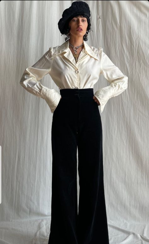 Flowy Suit Women, Enby Fashion Formal, Formal Vintage Outfits For Women, Formal 70s Fashion, 70s Evening Wear, Pants Prom Outfit, Business Pant Suits For Women, Dress Pants And Blouse Outfit, Formal 70s Outfits