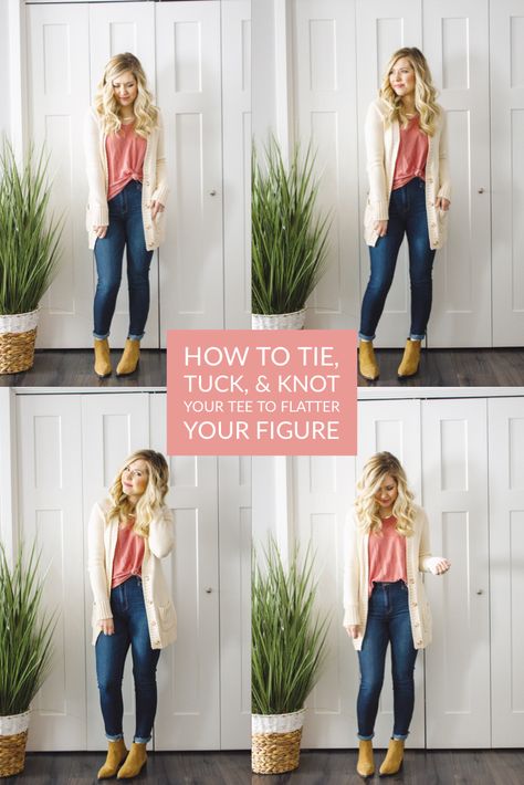 Ways To Style A Tee Shirt, Tuck Shirt Into Leggings, How To Tuck A Tshirt Into Leggings, How To Wear A Tee Shirt, Tie Long Shirt How To, How To Knot A Shirt In The Front Tees, How To Tuck A Shirt Into Jeans, Side Tuck Shirt How To, Tuck In Shirt How To