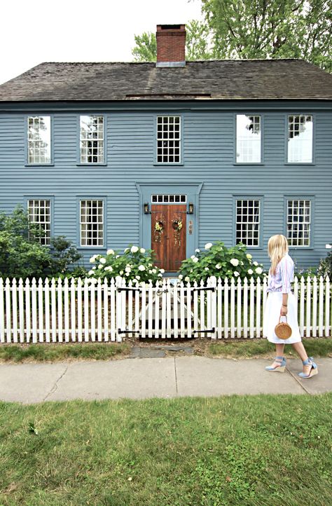 Cloudy with a Chance of Stripes — Kristy & New England Blue New England House Exterior, Monochrome Blue House Exterior, New England Exterior House Colors, Historic Blue Exterior Paint, Federal House Exterior, Blue Cape Cod House Exterior, Upstate New York Farmhouse, Light Blue Cottage Exterior, Red Colonial House Exterior