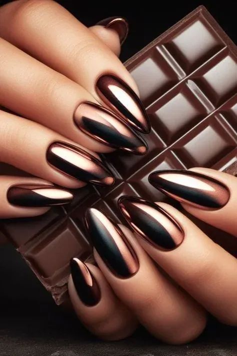 chocolate brown metallic The simplicity of this style allows the metallic finish to take center stage, making a subtle yet stylish statement Black Metallic Nails, Chrome Nails Ideas, Mystical Nails, Metallic Nail Colors, Black Chrome Nails, Nails Bride, Metal Nails, White Chrome Nails, Emerald Nails