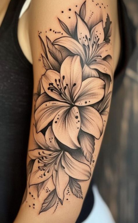 Lily Tattoo Sleeve, Lily Tattoo Ideas, Lilly Tattoo Design, Stargazer Lily Tattoo, Cute Shoulder Tattoos, Tiger Lily Tattoos, Flower Hip Tattoos, Inside Of Arm Tattoo, Feminine Shoulder Tattoos