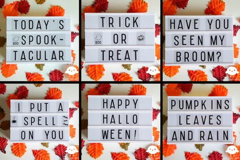 Lightbox ideas for Halloween Halloween Light Box Quotes, Halloween Light Box Ideas, Halloween Lightbox Quotes, Fall Light Box Quotes, Lightboard Ideas, Cinema Light Box Quotes, Message Light Box, Cinema Box, Light Up Box