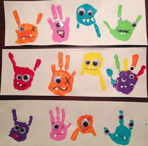 Art project monster handprints #handprints Hand Monster Art, Handprint Monster Craft, Monsters Crafts For Preschool, Hand Print Monsters, Preschool Monster Art, Toddler Monster Crafts, Monster Toddler Crafts, Monster Art For Toddlers, Monster Footprint Art