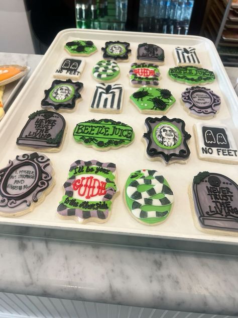 Beetlejuice 1st Birthday, Beetlejuice Sugar Cookies, Beetle Juice Cookies, Beetlejuice Treats, Beetlejuice Snacks, Beetlejuice Cupcakes, Beetlejuice Cookies, Beetlejuice Party, Beetlejuice Makeup