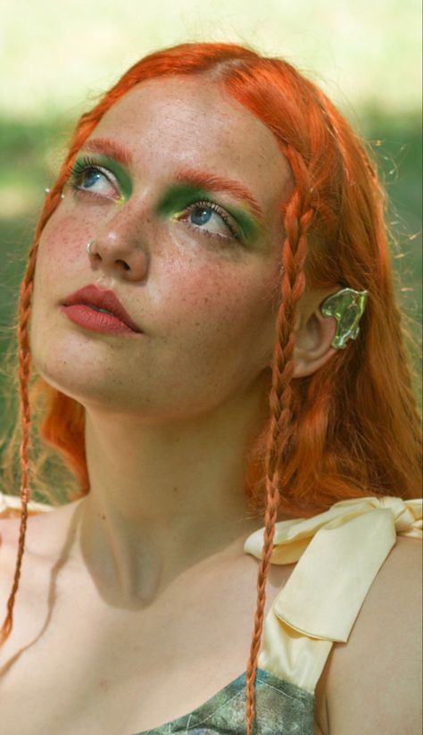 Ginger Fairy Aesthetic, Fairy Hair Halloween, Fairy Costume Hairstyles, High Elf Makeup, Ren Faire Makeup Elf, Fae Ren Faire Outfit, Forest Fairy Ren Faire, Fairy Like Makeup, Wood Fairy Makeup