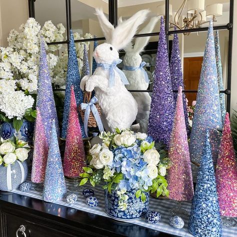 Nichole ~The Permanent Garden on Instagram: "🌿🌷🌿 Sharing all the pretty Spring Sequin Trees in one photo! 🌿🌷🌿Sparkles have always made me happy and I think we can still get away with them in Spring! We have a few of these bunnies 🐰left along with a few of the porcelain 💙blue and 🤍white eggs left. I have one last Spring shipment coming in this week and I can’t wIr for you to see it! 🌿🌷🌿 Tap the photo to shop 🛍 and FREE 📦shipping on all orders over $35. If you need a link I’m happy t Easter Arrangements, Fabric Trees, Paper Mache Cone, Diy Trees, Wood Trees, Easter Egg Tree, Valentine Tree, Jeans Crafts, Dollar Store Ideas