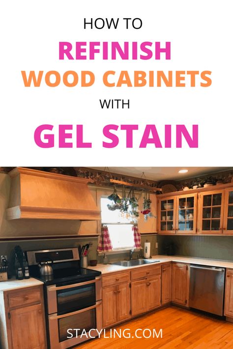 Everything you NEED TO KNOW about refinishing wood cabinets with gel stain. You won't believe what my cabinets looked like before. Wait until you see how easy it is to gel stain kitchen cabinets. #DIYprojectideas #kitchenrenovation #stainingcabinets #kitchenremodelideas #remodelingthekitchen #farmhousekitchen #farmhousekitchenrenovation #modernfarmhousestyle #modernfarmhouse #fixerupper #renovatingthekitchen #generalfinishesgelstain #howtoapplygelstain #diyhomedecor #Homedecorating Refinish Wood Cabinets, Paint Wood Cabinets, Restaining Kitchen Cabinets, Gel Stain Kitchen Cabinets, Gel Staining Cabinets, Painting Wood Cabinets, Orange Cabinets, Chalk Paint Kitchen Cabinets, Chalk Paint Kitchen