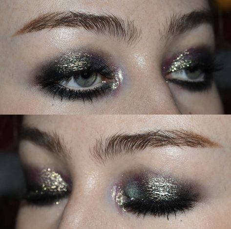 Grunge Sparkle Makeup, Indie Sleeze Eye Makeup, Makeup By Mario Master Metallics Looks, 80s Alternative Makeup, 80s Smokey Eye, Silver Concert Makeup, Shimmery Eyeshadow Looks, Smoky Silver Eye Makeup, Rave Makeup Ideas Glitter