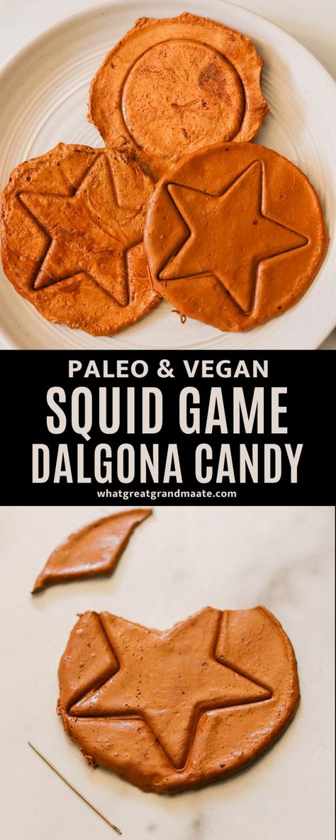 Play the Squid Game challenge at home! Learn how to make the Korean Dalgona candy with just 2 simple ingredients. This version is paleo and vegan, made with coconut sugar! Paleo Candy, Low Glycemic Desserts, Gluten Free Fudge, Grain Free Desserts, Vegetarian Desserts, Paleo Recipes Dessert, Vegan Candies, Candy Recipe, Coconut Smoothie