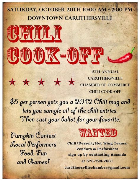 15th Annual Caruthersville Chamber of Commerce Chili Cook-off Chili Cookoff Recipes, Chili Cook Off Trophy, Chili Cookoff Ideas, Youth Group Fundraisers, Cookoff Ideas, Cook Off Ideas, Band Booster, Simple Chili, Chamber Ideas