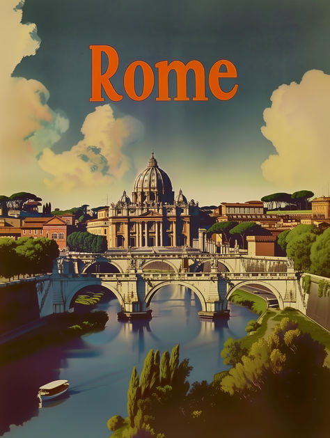 Welcome to our Vintage Rome Vatican City Travel Poster listing! This splendid art piece transports you to the heart of Italy, showcasing a breathtaking view of the Vatican City as seen from the Tiber River. The serene waters and iconic Ponte Sant'Angelo bridge frame the magnificent St. Peter's Basilica, captured here in its full, sunlit glory. Vintage Rome, Rome Poster, Tiber River, Rome Vatican, Landscape Posters, Italian Posters, Italian Landscape, Old Advertisements, Movie Prints