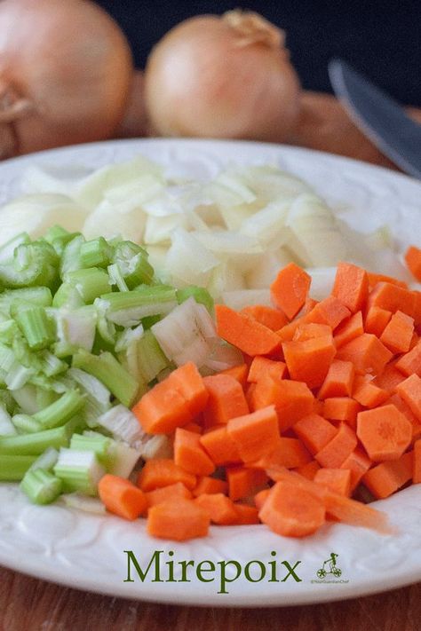 The combination of carrot onion celery called Mirepoix (or Sofrito in Spanish and Soffritto in Italian) is the base for many recipes. #mirepoix #sofrito #soffritto #healthy @YGuardianChef Carrot Onion Celery Recipes, Celery Carrots Onion Recipes, Celery Recipes, Pot Pie Soup, Chicken Pot Pie Soup, Soup Broth, French Recipes, Summer Meal, Savory Soups