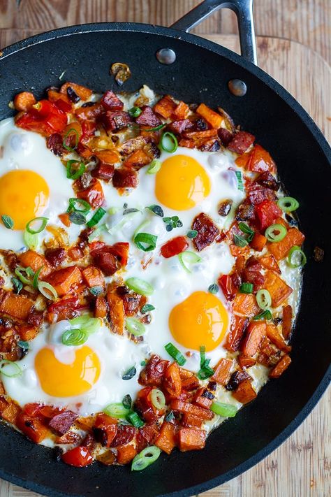 Potato Egg Skillet, Chorizo And Sweet Potato, Yoghurt Chicken, Chorizo Sweet Potato, Caramelised Apple, Paleo Hummus, Skillet Eggs, Sweet Potato Egg, Breakfast Paleo