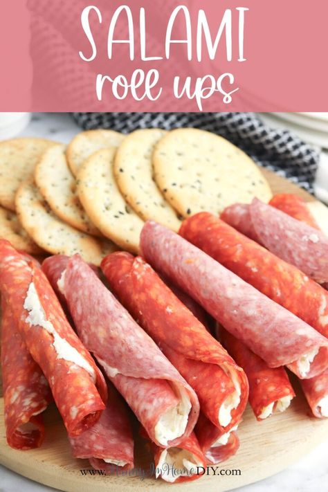 Easy Salami Roll Ups Appetizer with Cream Cheese Salami Pinwheel Appetizers, Hard Salami Appetizers, Ham And Cream Cheese Roll Ups, No Bake Finger Foods, Pickle Cream Cheese Roll Ups, Keto Rollups, Recipes With Salami, Mozzarella Roll Ups, Salami Roll Ups