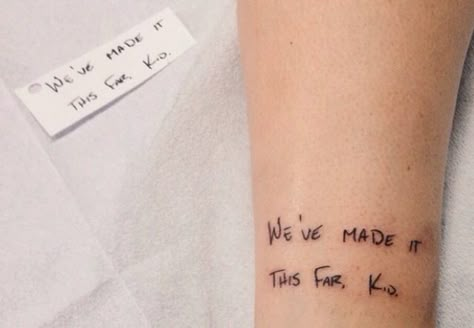 "We've made it this far, kid." | twenty one pilots lyric tattoo | handwriting of Josh Dun Tattoo Ideas Quotes, Music Tattoo Ideas, Twenty One Pilots Tattoo, Pilot Tattoo, Twenty One Pilots Lyrics, Aesthetic Header, Lyric Tattoos, Music Tattoo, Top Tattoos