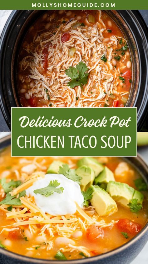 Discover a delicious and easy recipe for Crock Pot Chicken Taco Soup that will satisfy your cravings on a chilly day. This hearty soup is packed with flavor and is perfect for meal prep. With simple ingredients and minimal effort, you can enjoy a warm bowl of comfort food that the whole family will love. Try this recipe today and add it to your collection of go-to meals! Crock Pot Chicken Taco Soup, Easy Chicken Taco Soup, Healthy Crock Pot Chicken, Crockpot Chicken Taco Soup, Crock Pot Taco Soup, Chicken Taco Soup Crock Pot, Chicken Taco Soup Recipe, Taco Soup Recipe Easy, Healthy Crock Pot