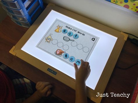 CVC Words, Light Table, www.JustTeachy.blogspot.com Light Table First Grade, Light Box Activities, 2024 Classroom, Literacy Centres, October School, Literacy Activities Kindergarten, Reading Stations, Cvc Word, Light Board